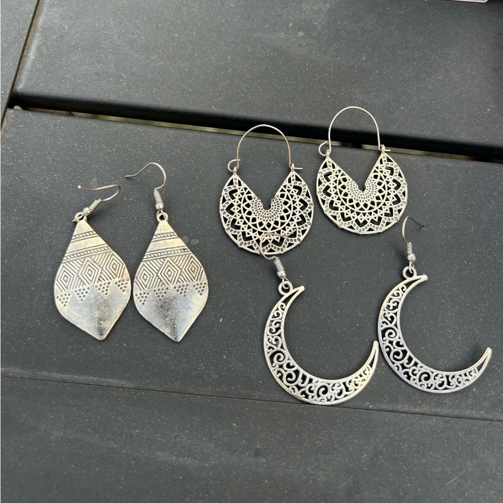 Set of three silver boho earrings